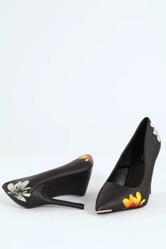 Black Base Floral Print Stiletto Heel - Black sold by Edgars