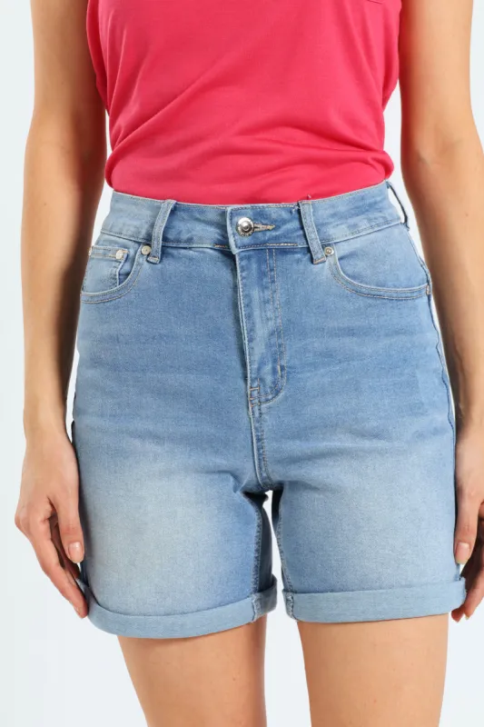 Roll Hem Mid Thigh Classic Denim Short - Light Wash sold by Edgars