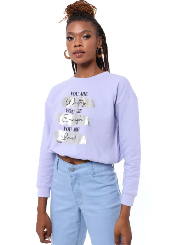 Ladies You Are Elastic Hem Pullover - Lavender sold by Edgars