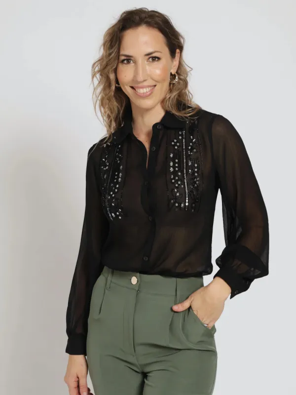 Long Sleeve Beaded Sequin Applique Shirt - Black made by Edgars