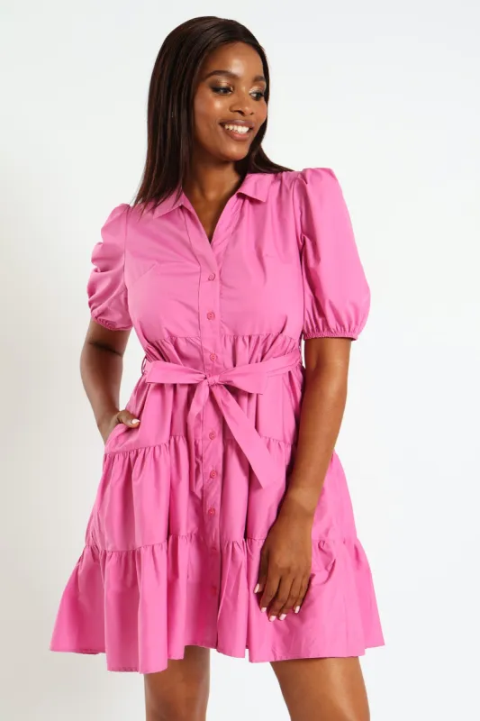 Tiered Collared Belted Shirt Dress - Cerise sold by Edgars 