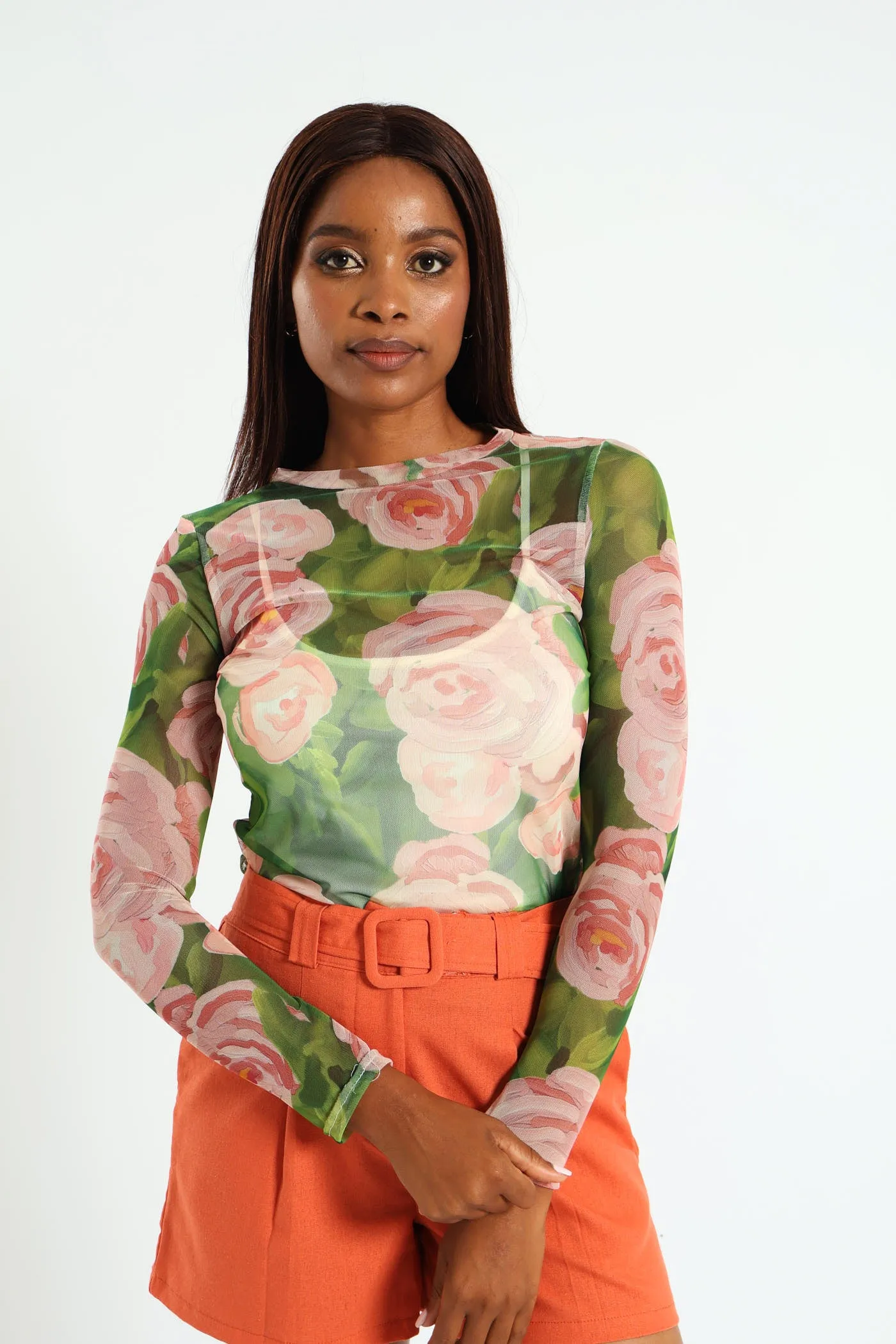 Long Sleeve Floral Mesh Top With Cami sold by Edgars