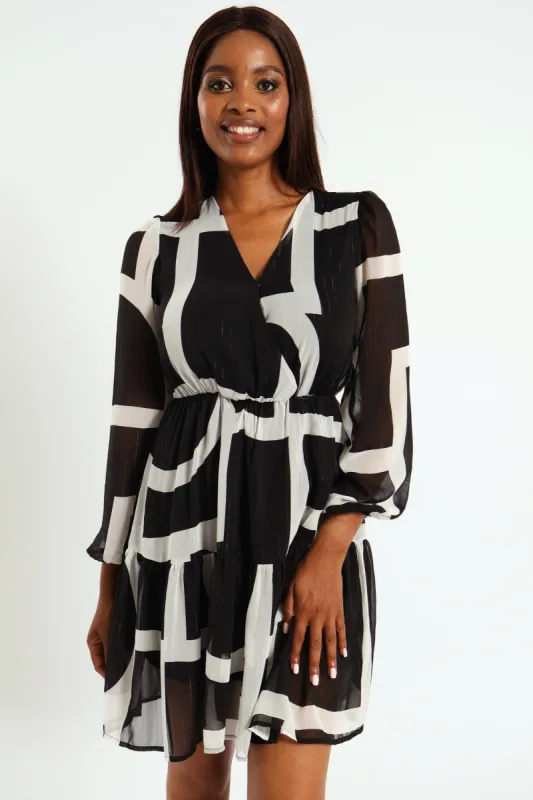 Wrap Waisted Tiered Tea Dress - Black/Cream made by Edgars