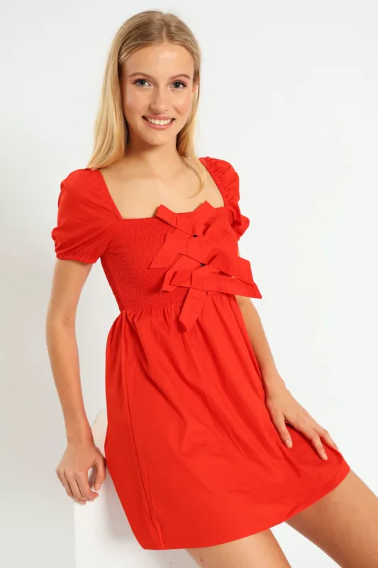 Bow Smock Mini Dress - Tangerine sold by Edgars