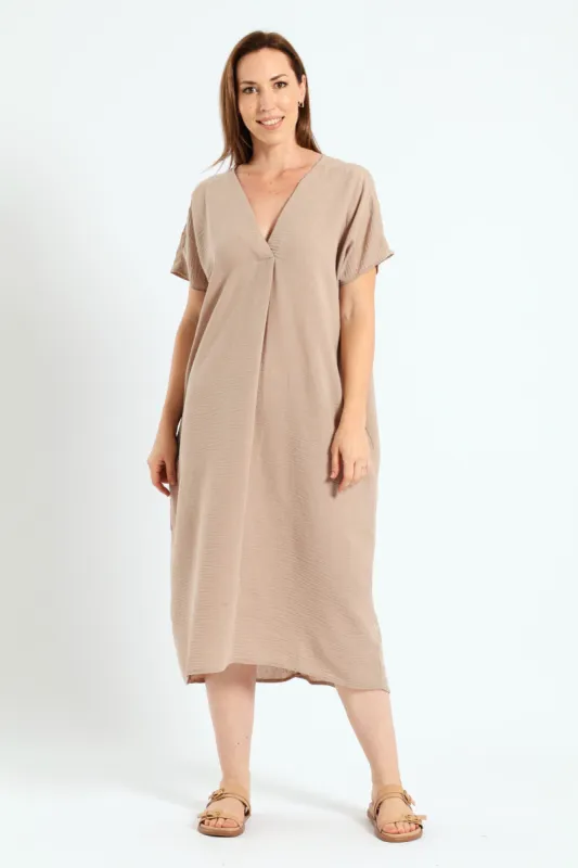 V-Neck Pleated Front Kaftan Maxi Dress - Stone sold by Edgars 