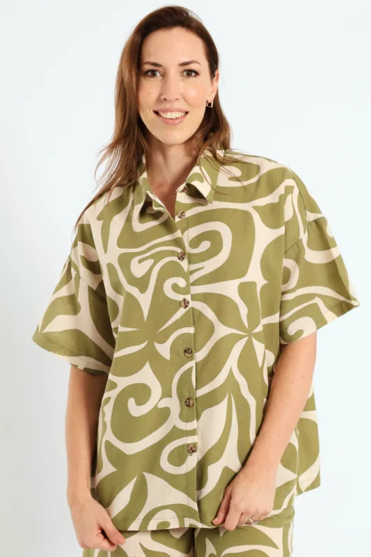 Oversized Swirly Print Shirt - Fatigue/Cream sold by Edgars