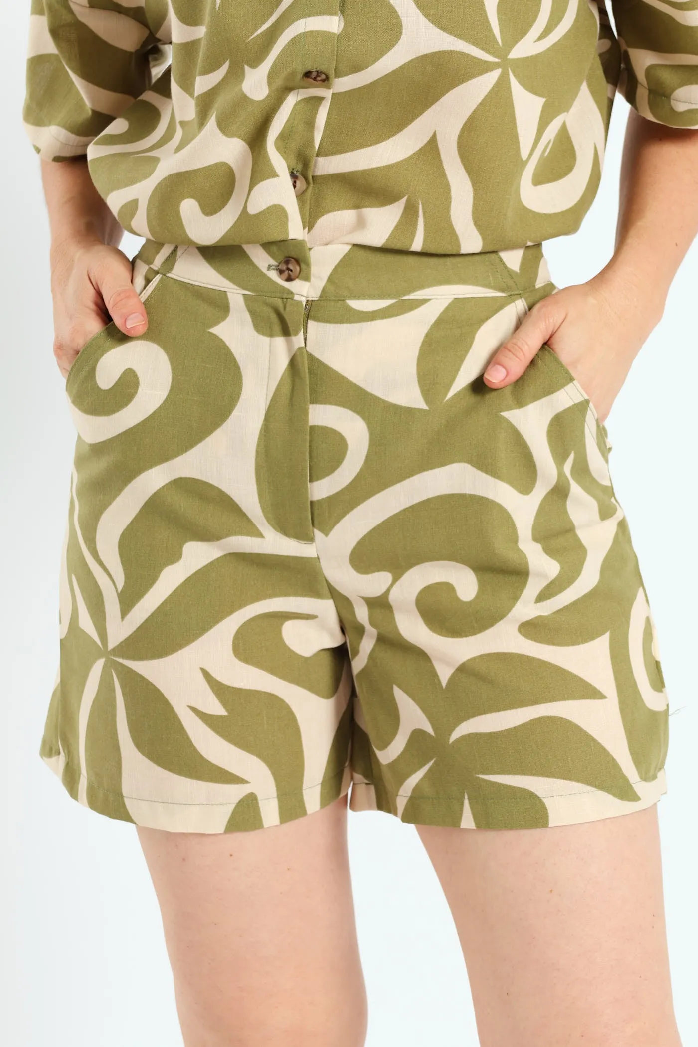 Zip-Up Swirly Print Mid Thigh Shorts - Fatigue/Cream sold by Edgars