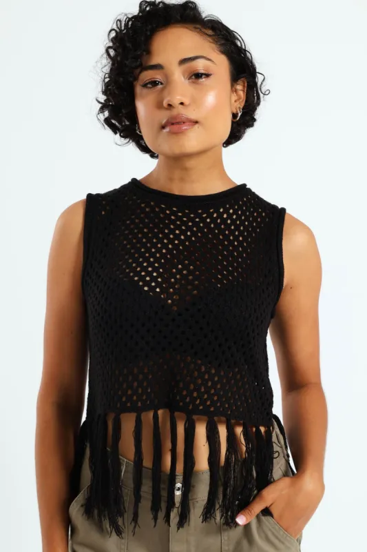 Crochet Tassel Top - Black sold by Edgars