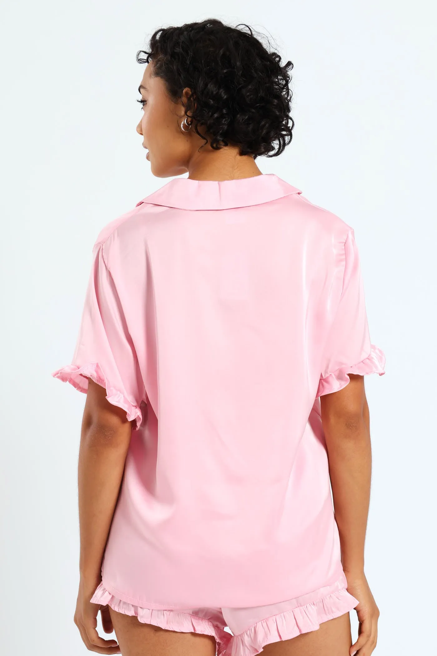 Button Through & Frill Plain Satin Short Set - Pink sold by Edgars product image thumbnail 3