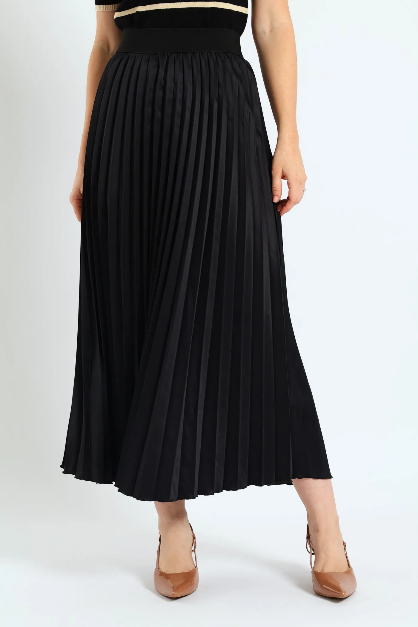 Elasticated Satin Pleated Maxi Skirt - Black sold by Edgars