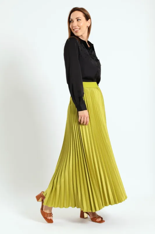 Pleated Satin Maxi Skirt - Avocado sold by Edgars
