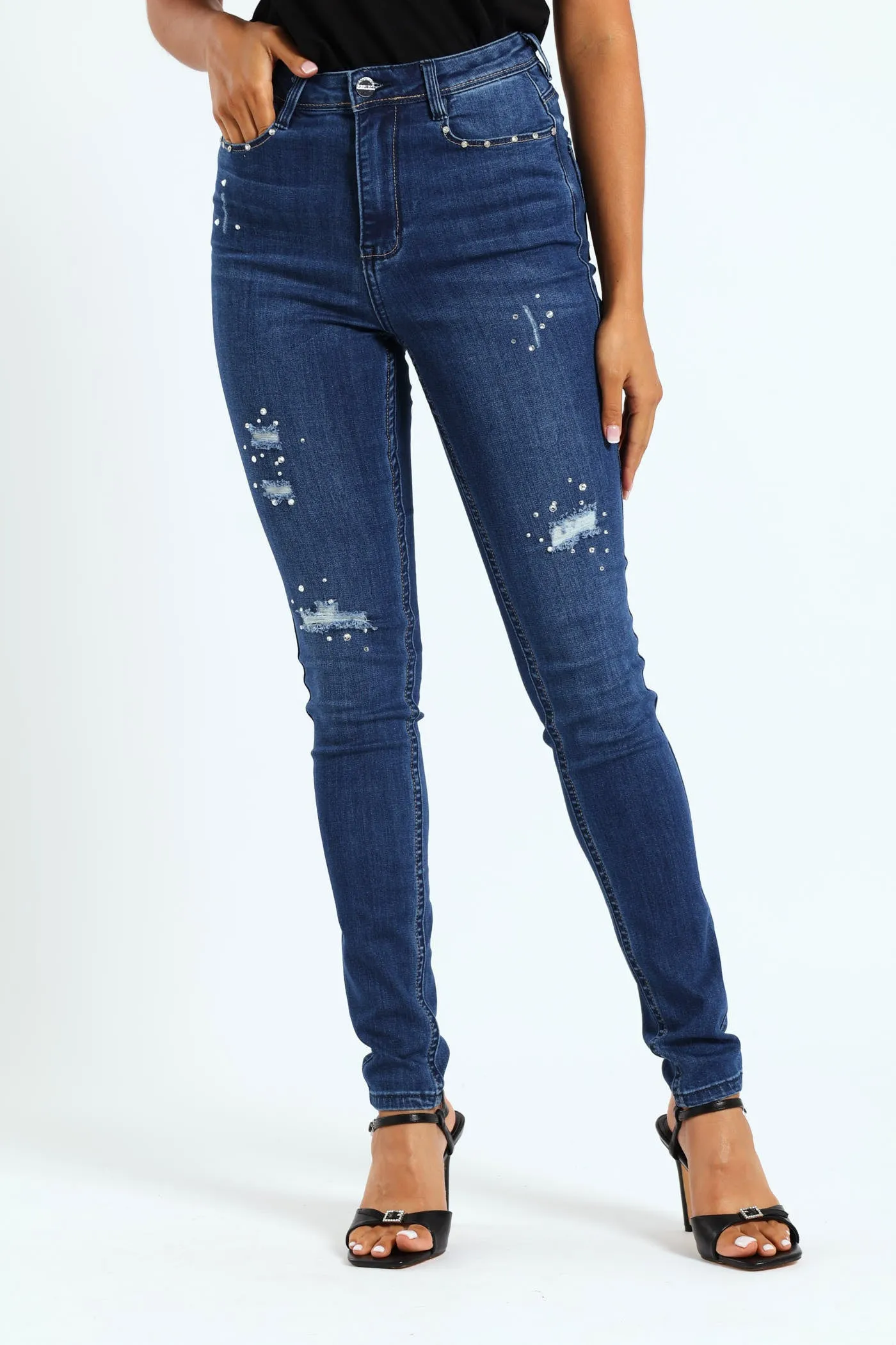 High Waist Sexy Curvy Rip Skinny Jean With Embroidered Pocket Detail - Dark Blue sold by Edgars product image thumbnail 2