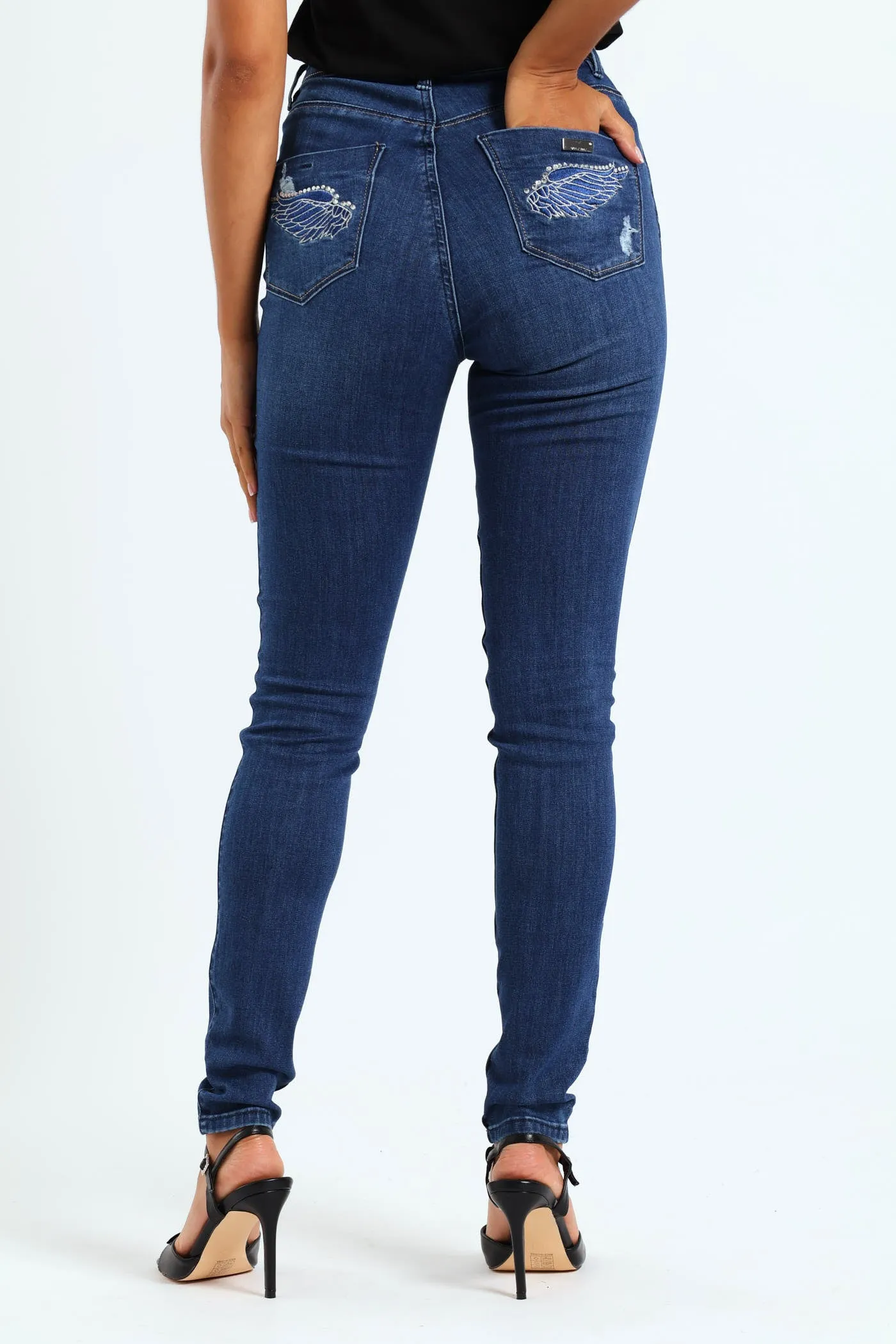 High Waist Sexy Curvy Rip Skinny Jean With Embroidered Pocket Detail - Dark Blue sold by Edgars product image thumbnail 4