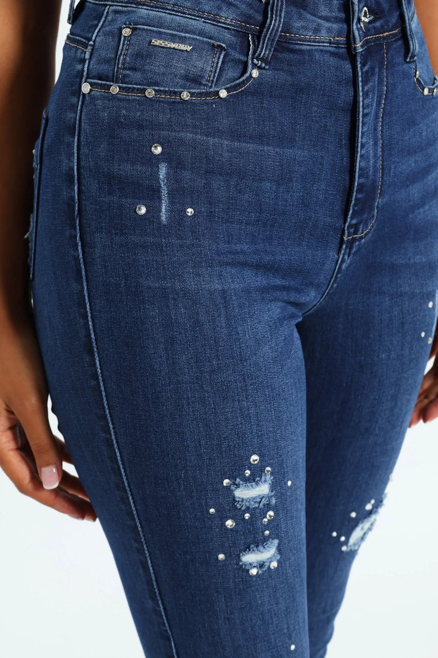 High Waist Sexy Curvy Rip Skinny Jean With Embroidered Pocket Detail - Dark Blue sold by Edgars product image thumbnail 5