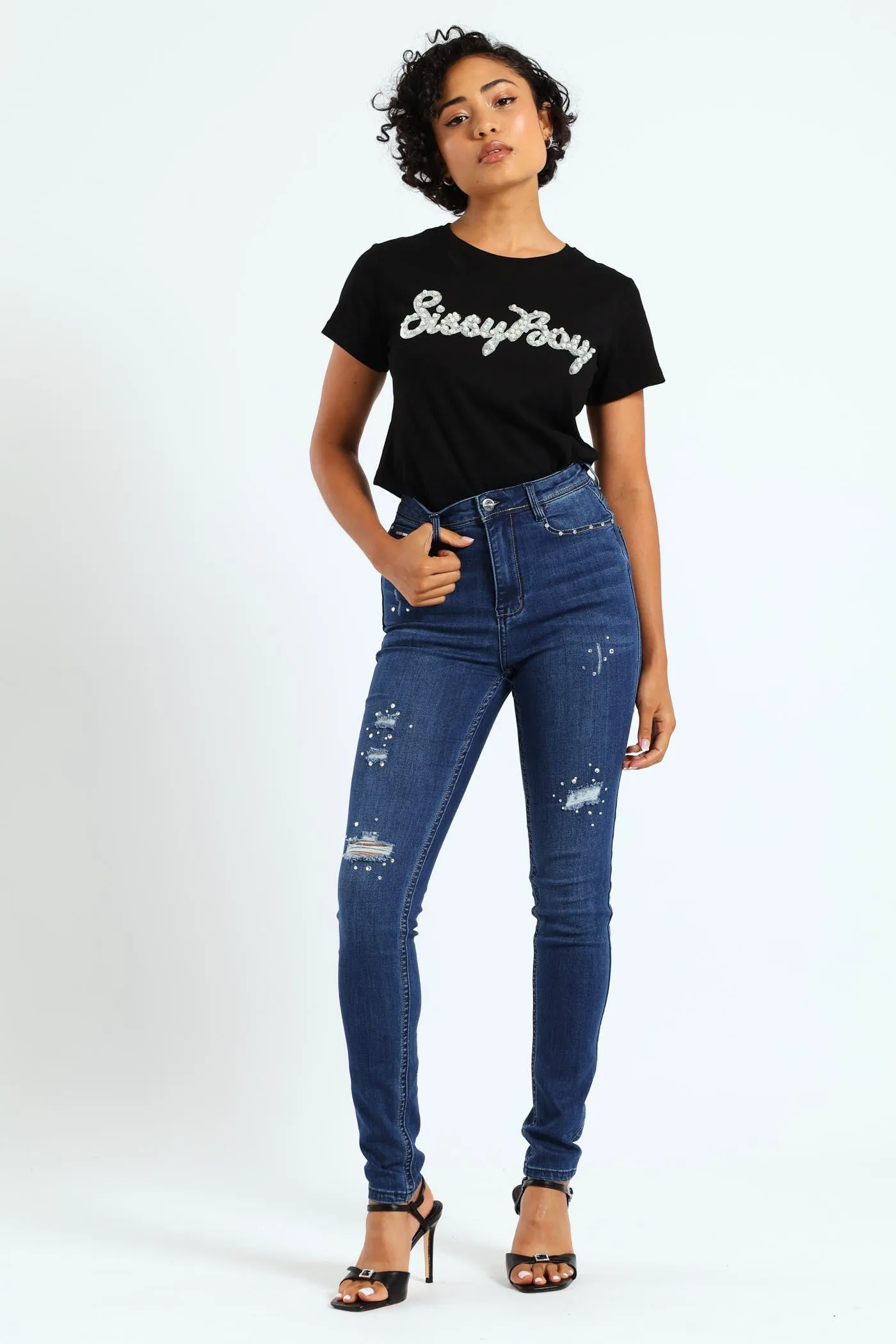 High Waist Sexy Curvy Rip Skinny Jean With Embroidered Pocket Detail - Dark Blue sold by Edgars