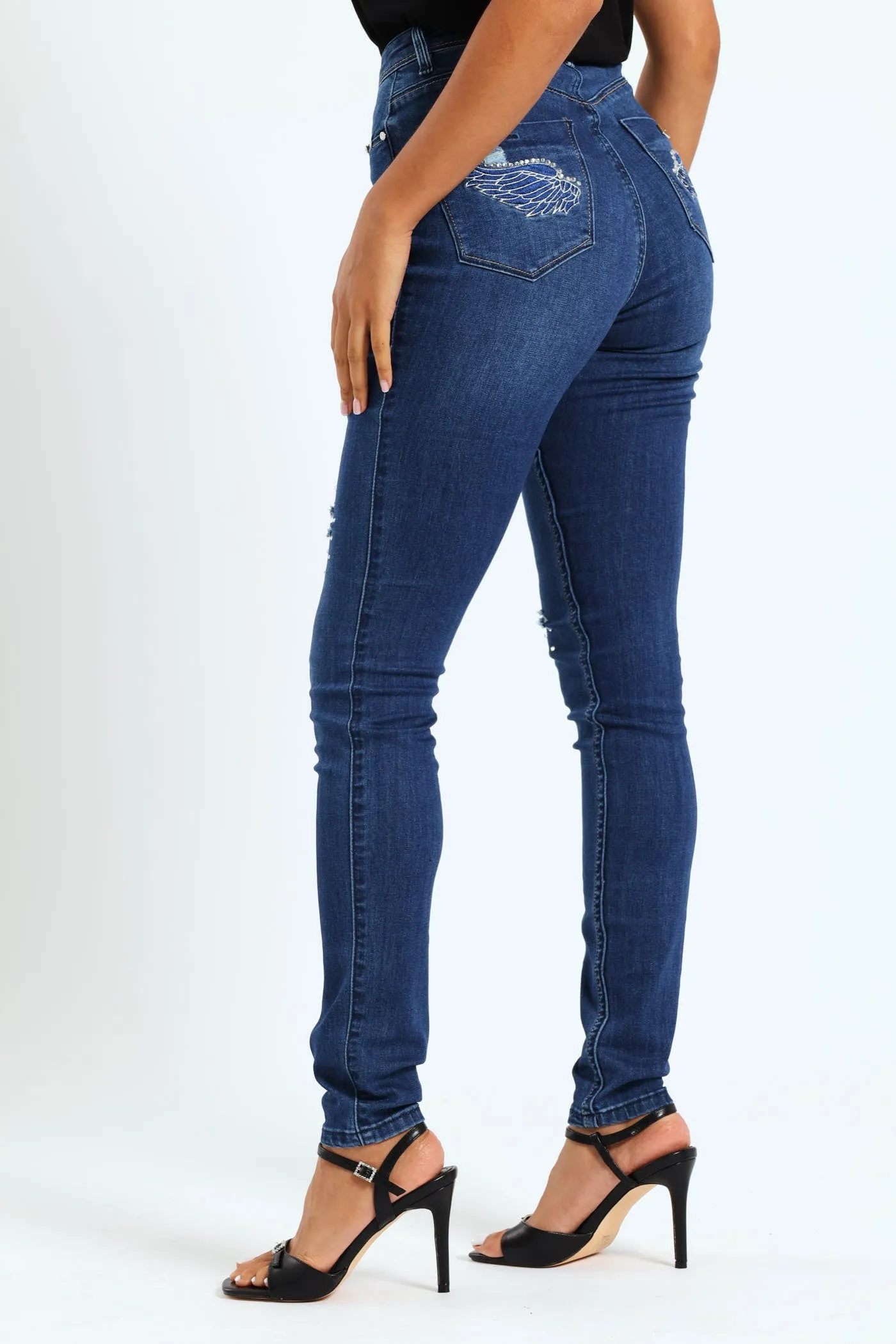 High Waist Sexy Curvy Rip Skinny Jean With Embroidered Pocket Detail - Dark Blue sold by Edgars product image thumbnail 3