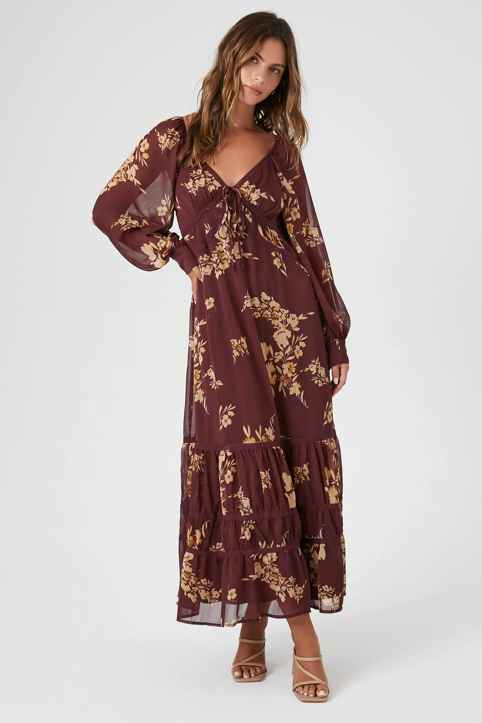 Chiffon Floral Print Midi Dress - Wine sold by Edgars