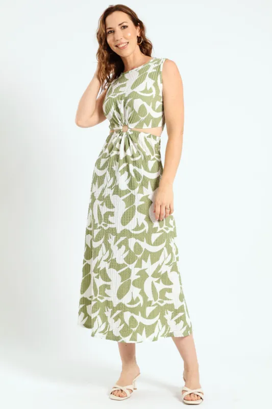 Sleeveless O-Ring Cutout Midaxi Dress - White/Green sold by Edgars
