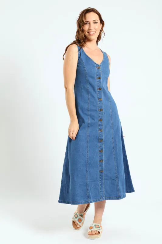 V-Neck Button Through Panelled Fit & Flare Denim Midi Dress - Medium Wash sold by Edgars