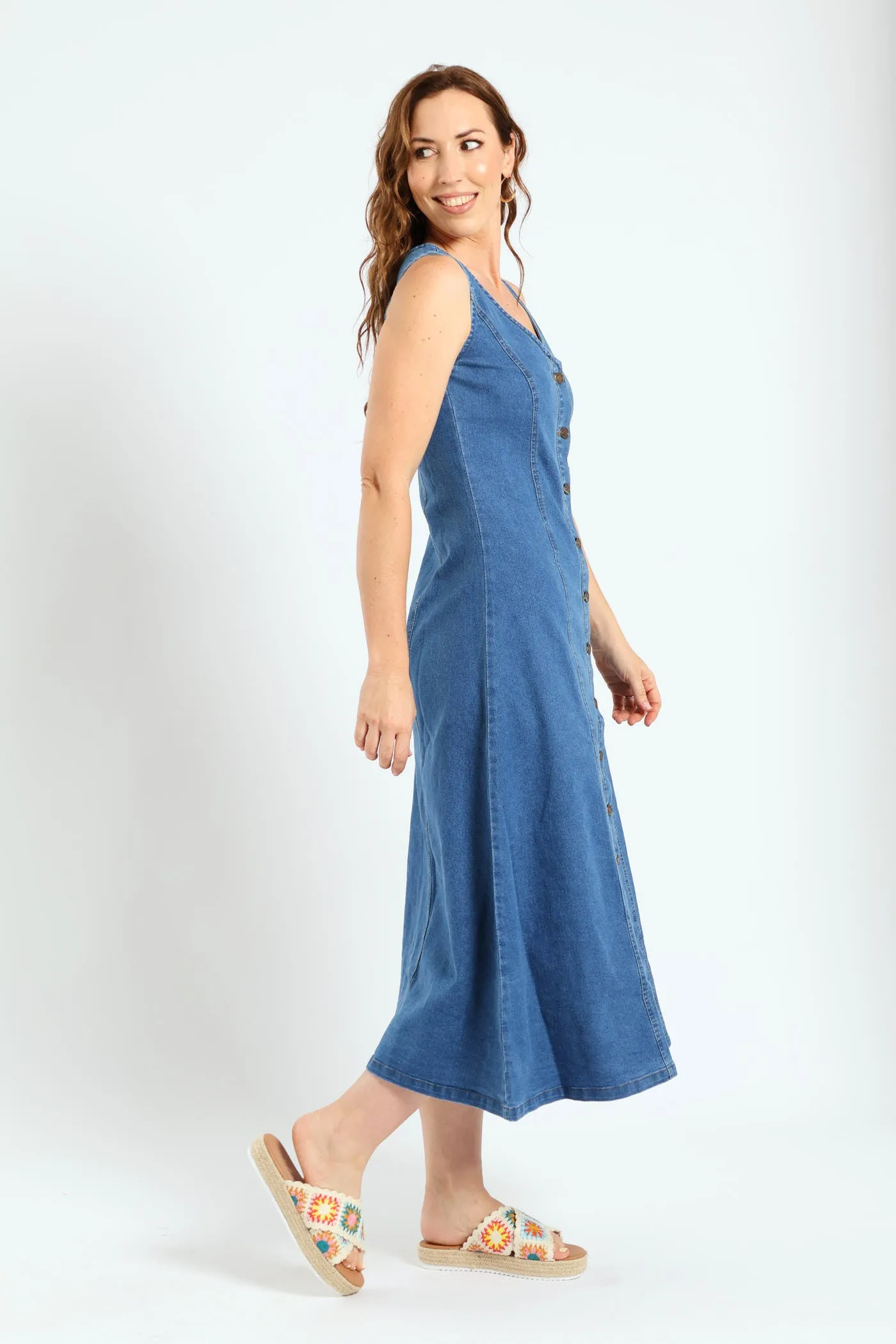 V-Neck Button Through Panelled Fit & Flare Denim Midi Dress - Medium Wash sold by Edgars product image thumbnail 2
