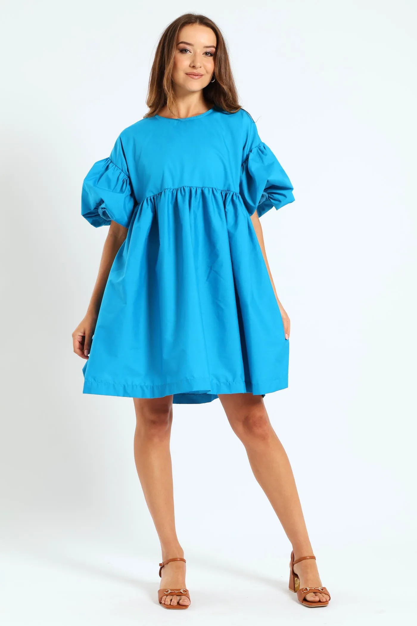 Volume Sleeve Poplin Mini Dress - Peacock Blue sold by Edgars