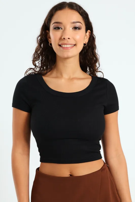 Scoop Neck Rib Crop Top - Black sold by Edgars