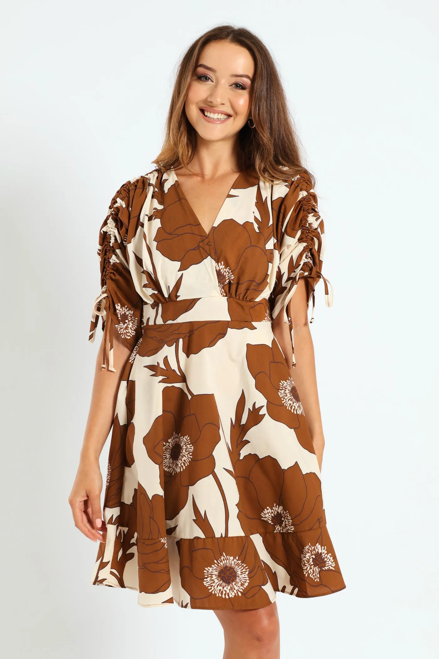3/4 Ruched Balloon Sleeve Midi Dress - Brown/White sold by Edgars product image thumbnail 2