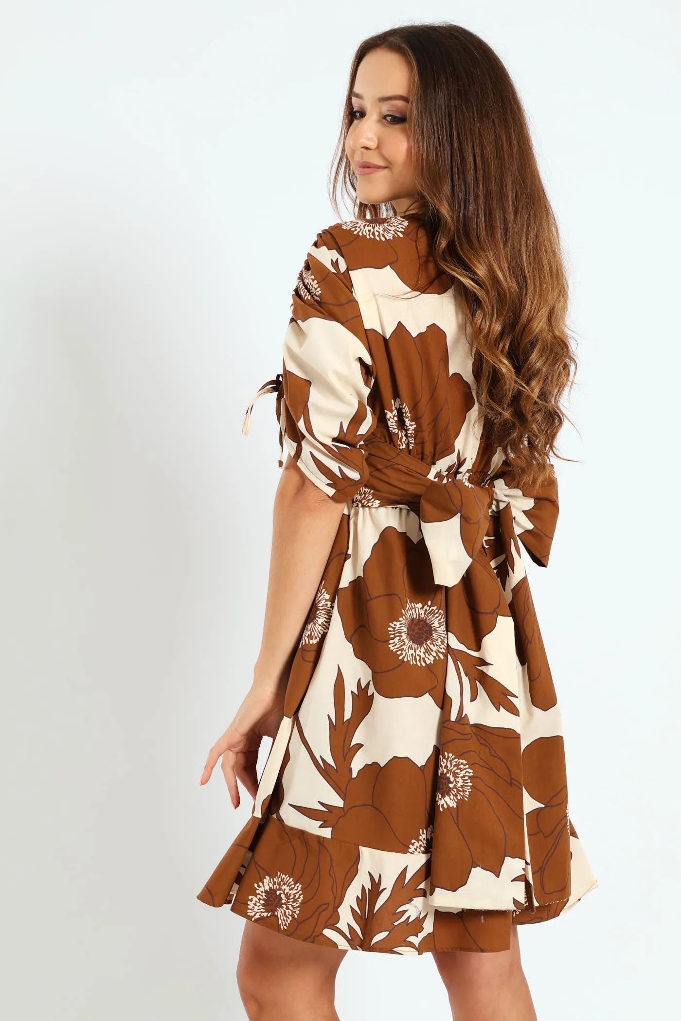 3/4 Ruched Balloon Sleeve Midi Dress - Brown/White sold by Edgars product image thumbnail 3