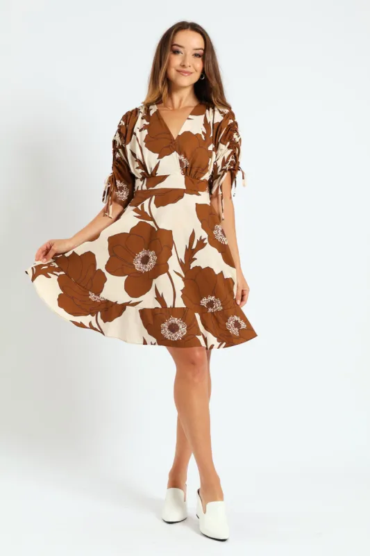 3/4 Ruched Balloon Sleeve Midi Dress - Brown/White sold by Edgars