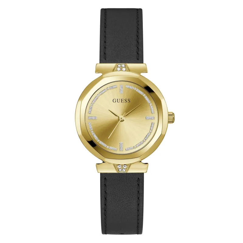 Ladies Gold Case & Dial Watch With Black Leather Strap sold by Edgars 