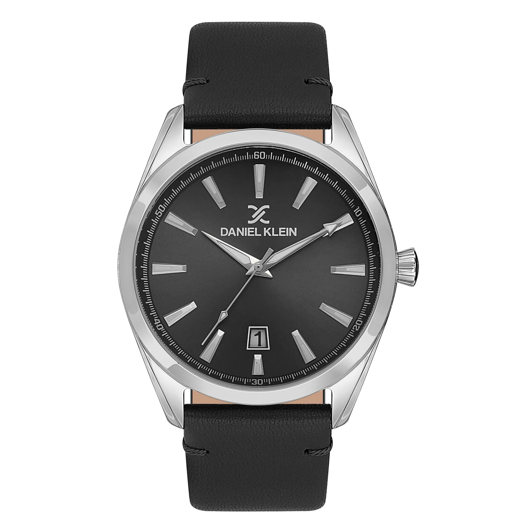 Gents Silver Case & Black Dial Watch With Black Leather Strap sold by Edgars