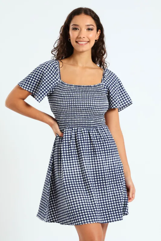 Gingham Smock Mini Dress - Cobalt sold by Edgars 