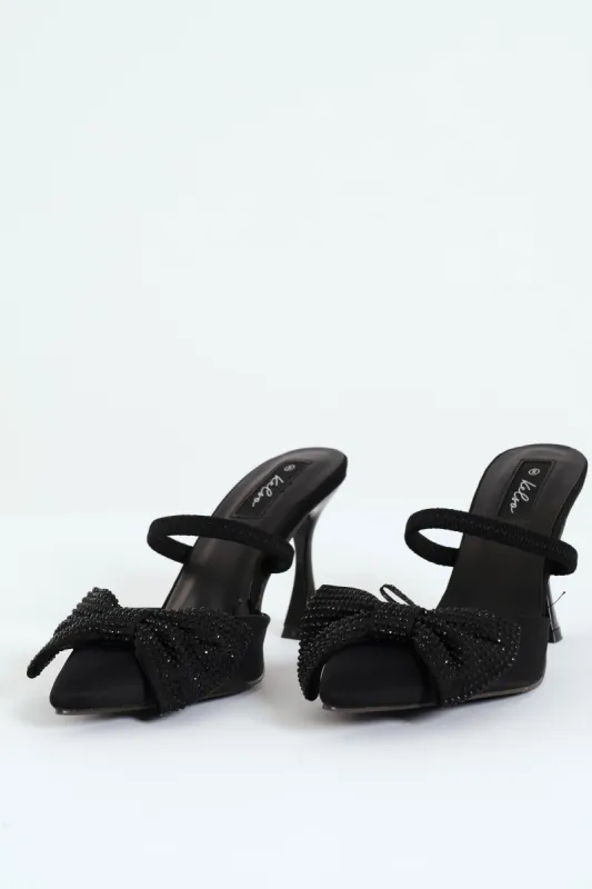 Self Colour Bow Trim Pointy Kitten Mule Heel - Black sold by Edgars