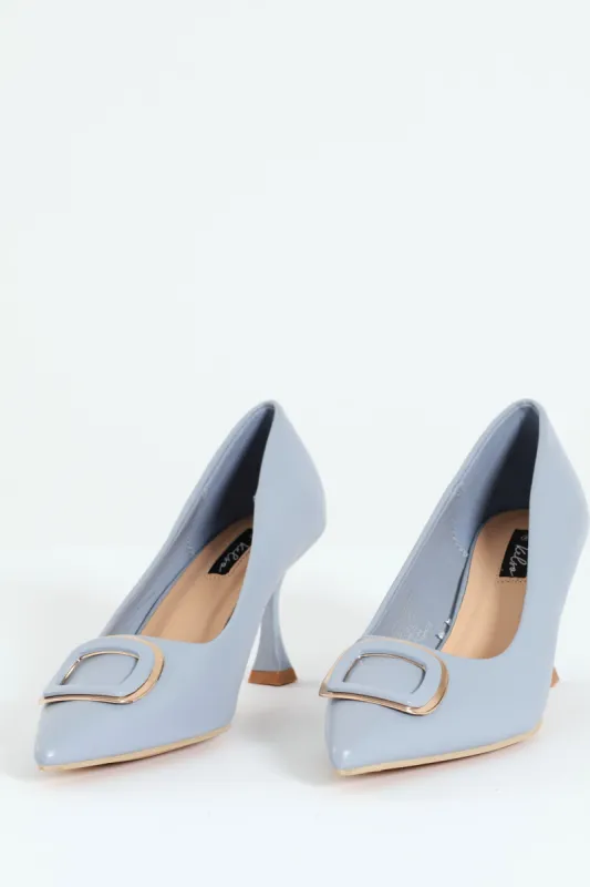 Black & Gold Trim Croc Embossed Court Heel - Blue sold by Edgars