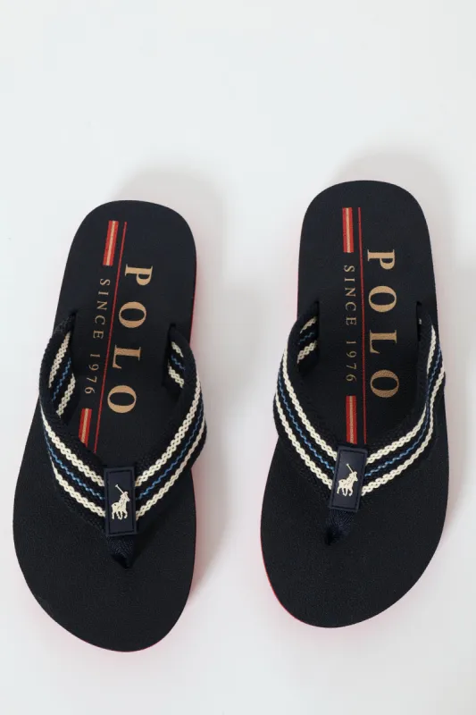 Wide Vamp Jacquard Thong Strap Sandal - Navy/Red sold by Edgars