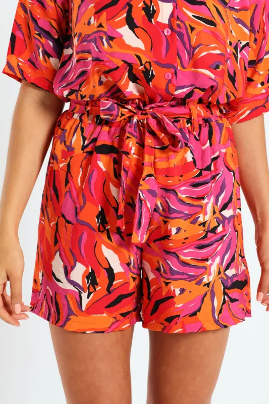 Self Belted Pull-On Mid Thigh Shorts - Pink/Orange sold by Edgars