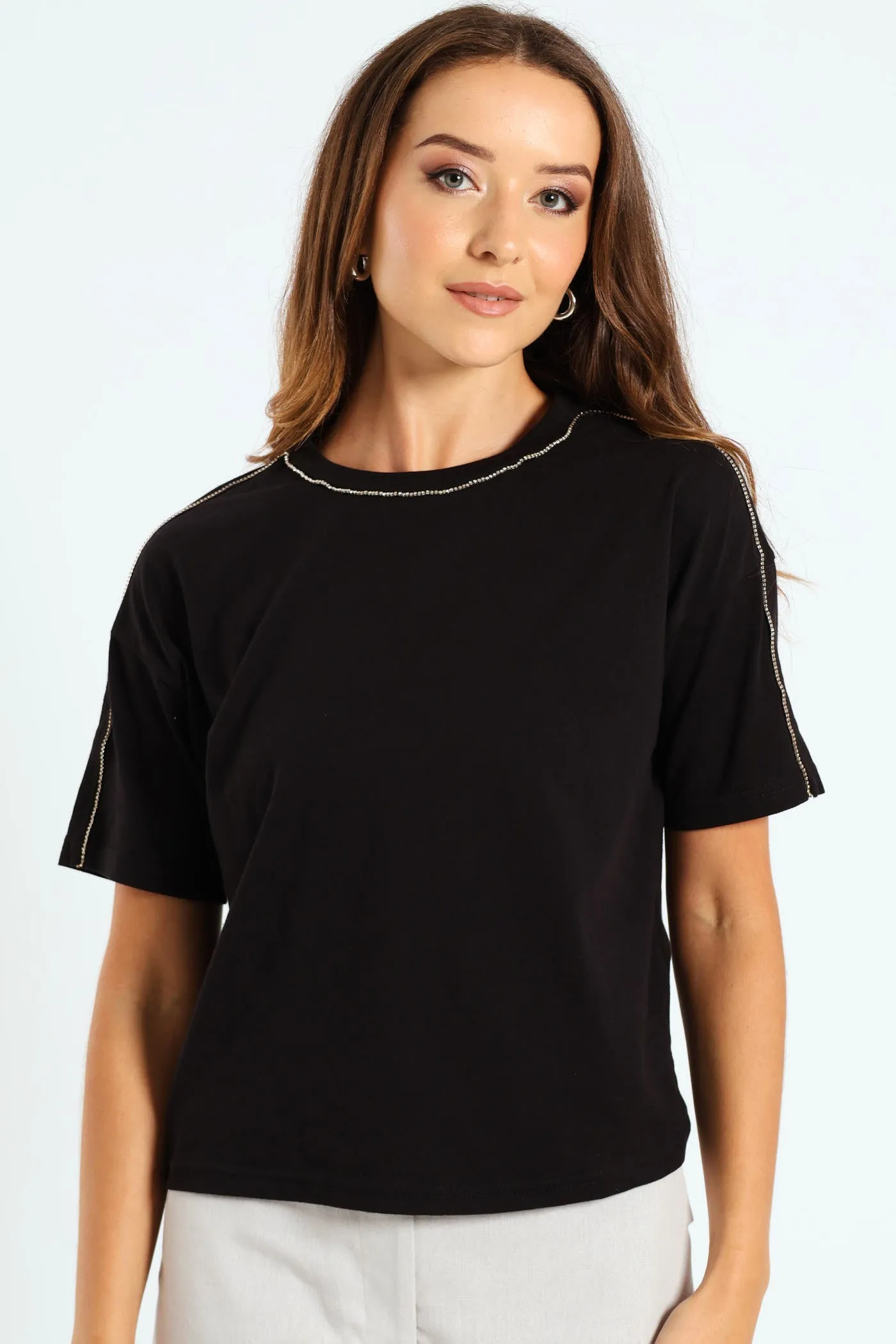 Diamante Strip Boxy Tee - Black sold by Edgars