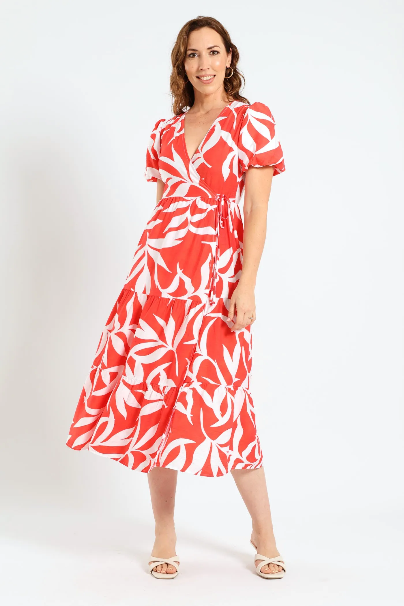 Bubble Sleeve Tiered Wrap Midi Dress - Grapefruit sold by Edgars