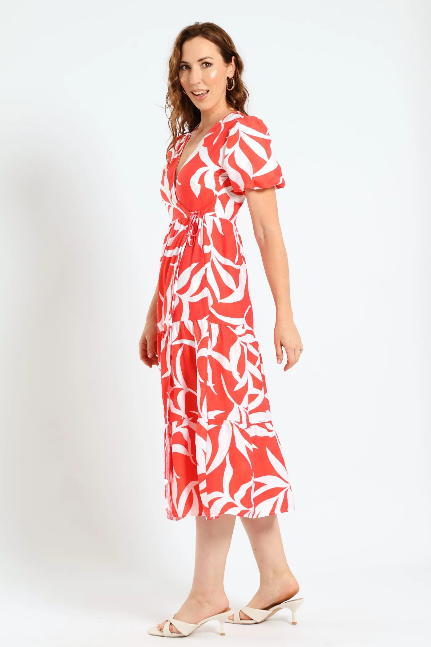 Bubble Sleeve Tiered Wrap Midi Dress - Grapefruit sold by Edgars product image thumbnail 3