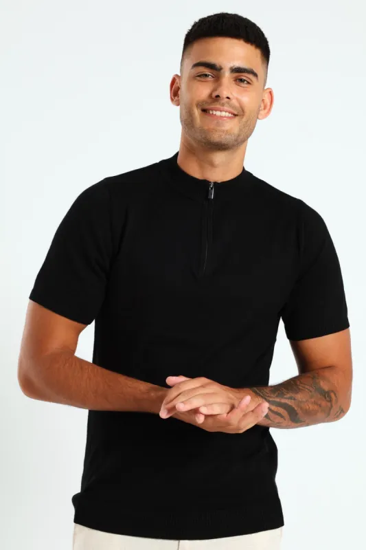 Quarter Zip Knit T-Shirt - Black sold by Edgars