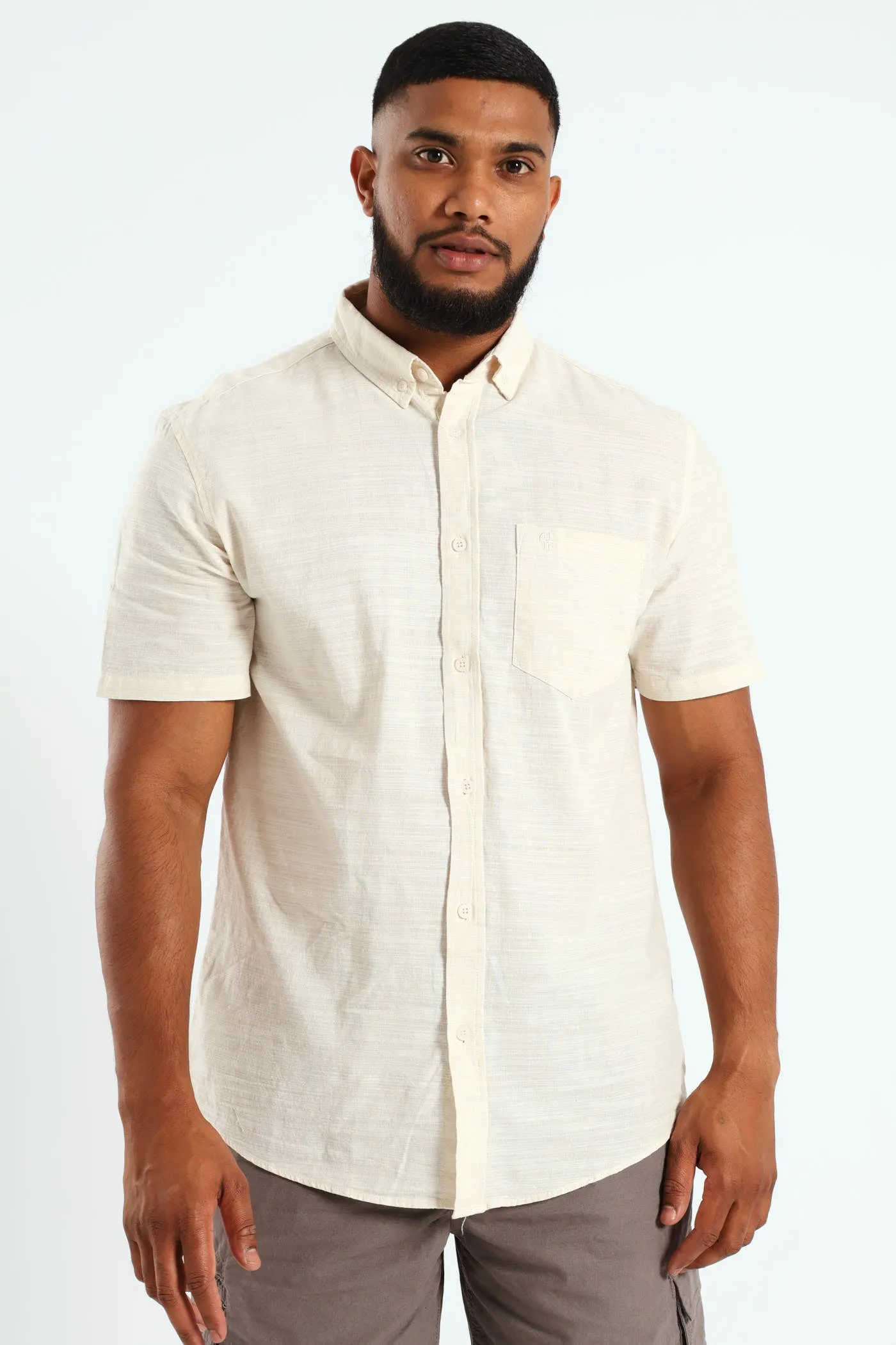 Button Down Plain Cotton Slub Shirt - Off White sold by Edgars