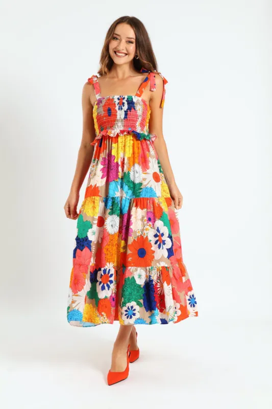 Tie Strap Shirred Tiered Maxi Dress sold by Edgars