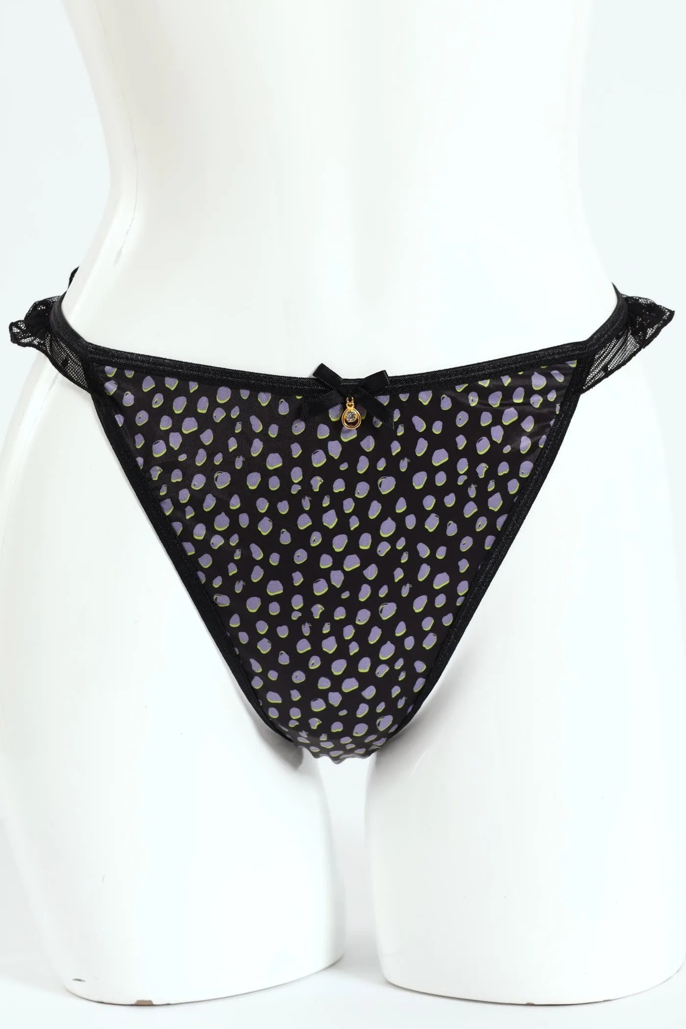 Spot Printed Microfibre & Lace Thong Panty - Black sold by Edgars