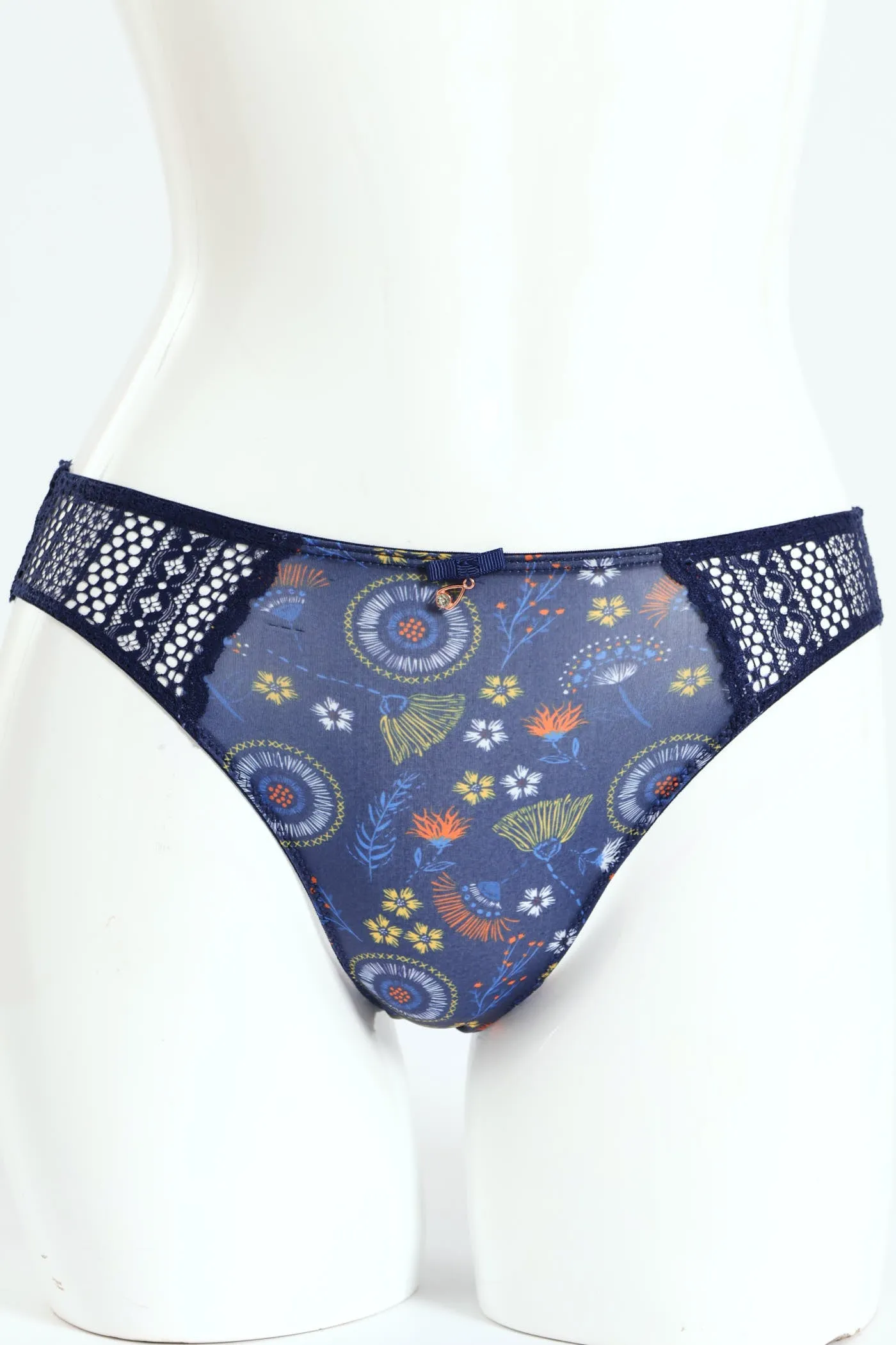 Floral Printed Microfibre & Lace Bikini Panty - Navy sold by Edgars