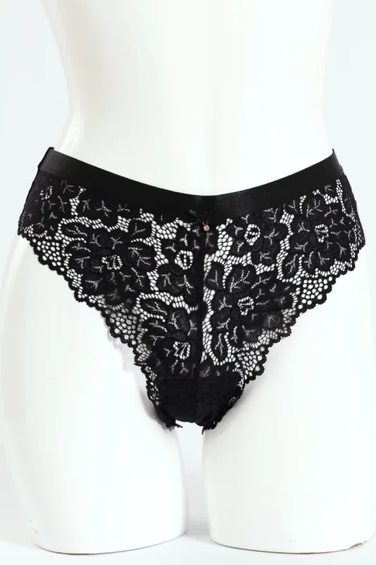 Full Lace Brazilian Panty With Shimmer Detail - Black sold by Edgars