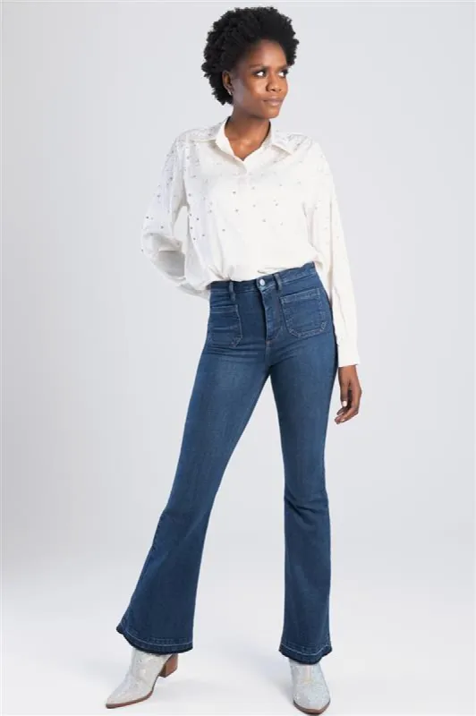 High Skinny Flare Denim With Patch Pockets - Dark Blue sold by Edgars