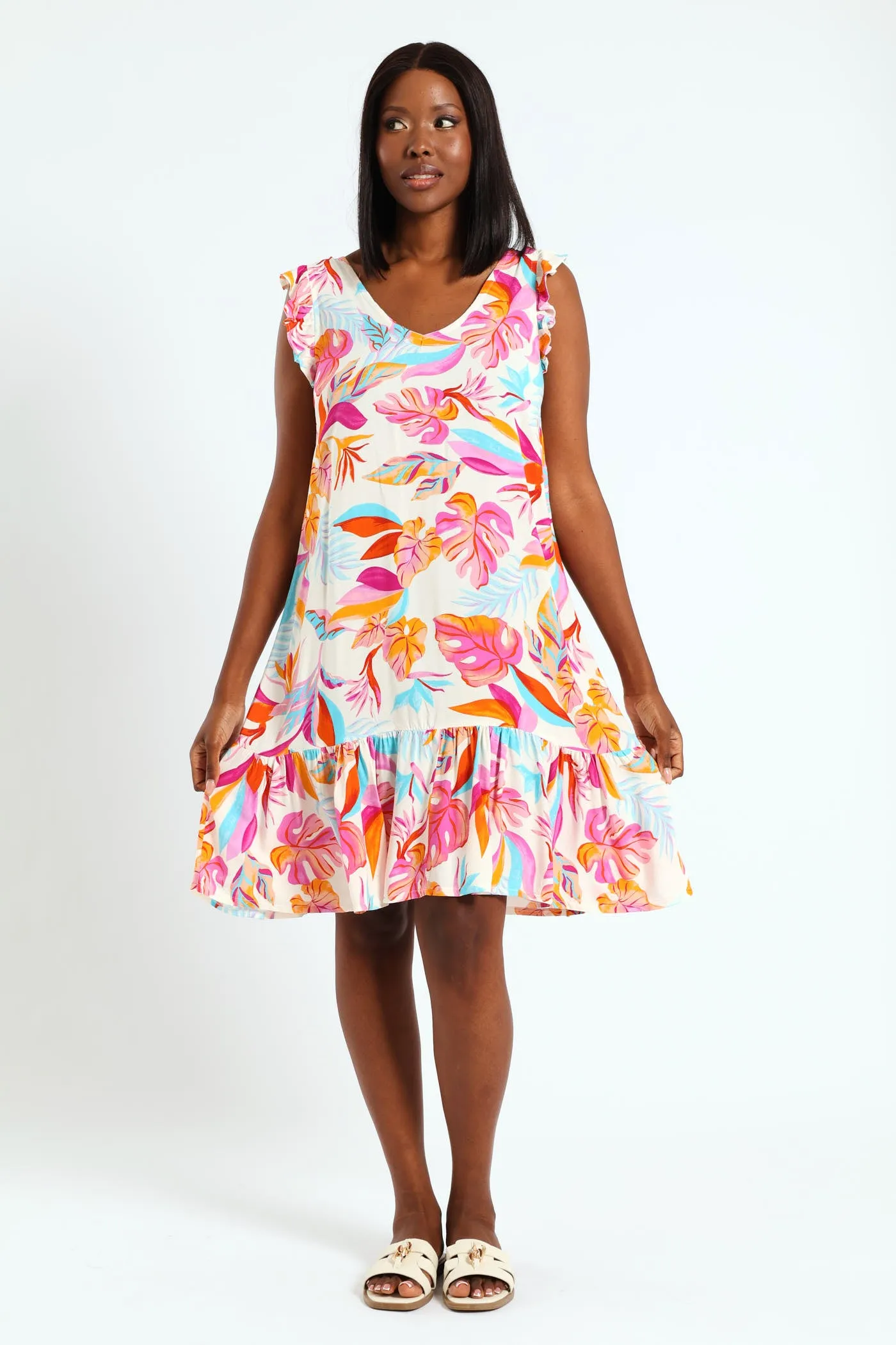 V-Neck Frill Sleeve Drop Hem Printed Mini Dress - White/Pink sold by Edgars product image thumbnail 4