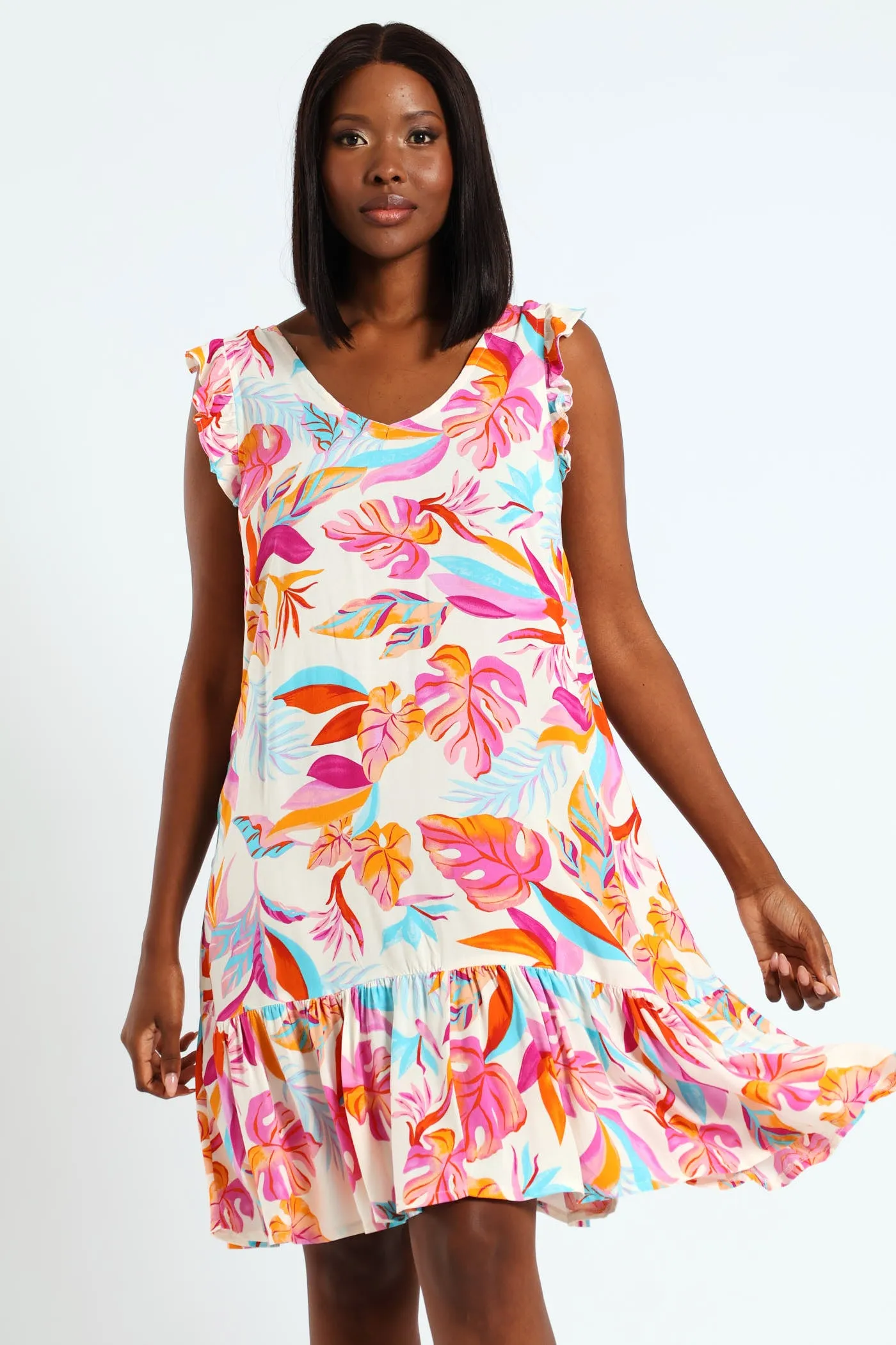 V-Neck Frill Sleeve Drop Hem Printed Mini Dress - White/Pink sold by Edgars