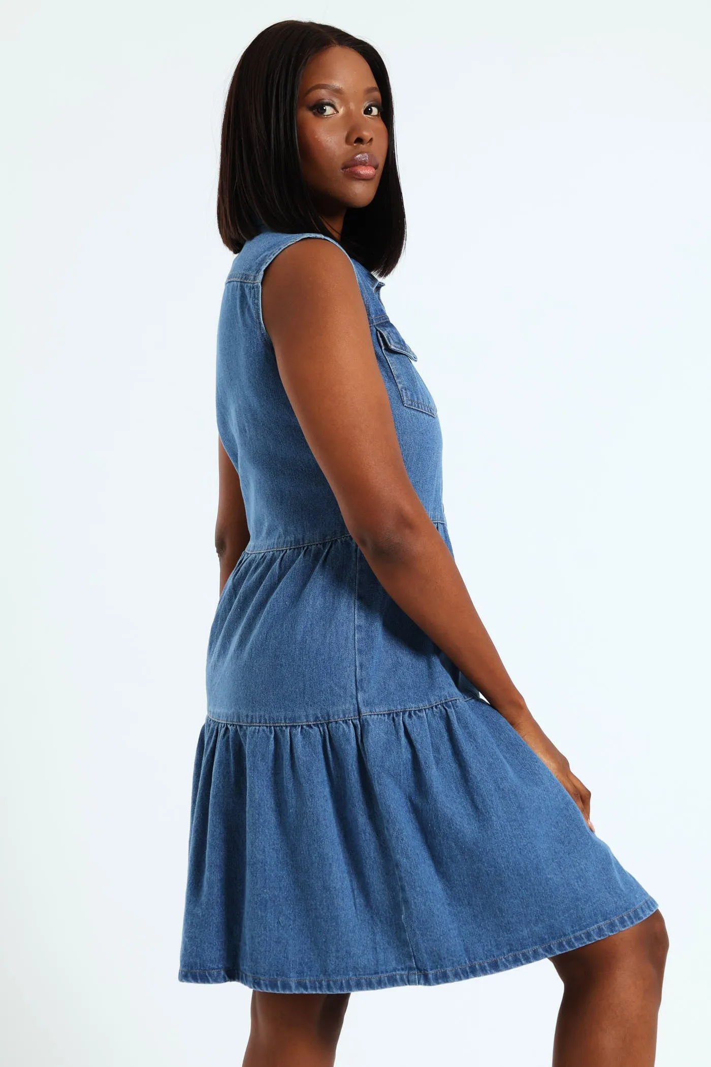 Button Through Tiered Denim Mini Dress With Pocket Flaps - Light Wash sold by Edgars product image thumbnail 2