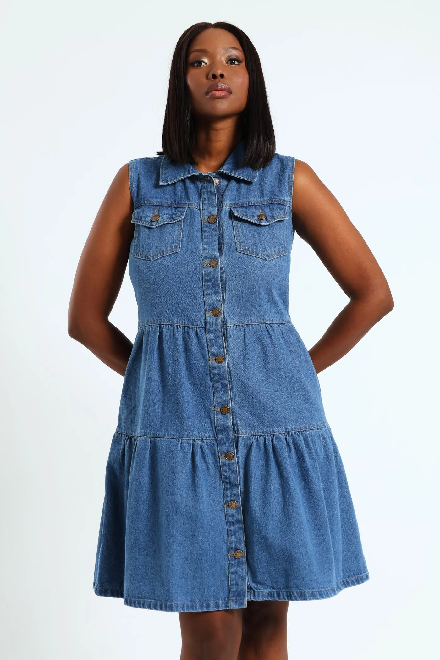 Button Through Tiered Denim Mini Dress With Pocket Flaps - Light Wash sold by Edgars